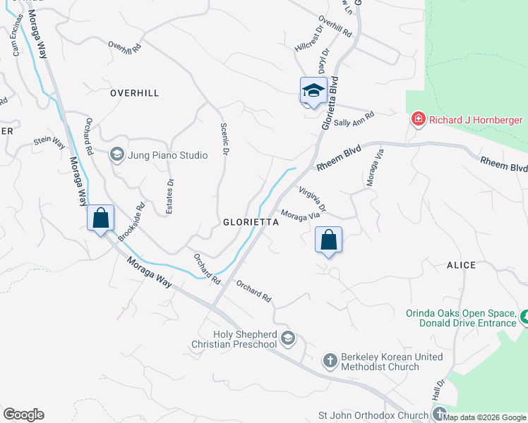 map of restaurants, bars, coffee shops, grocery stores, and more near 197 Glorietta Boulevard in Orinda