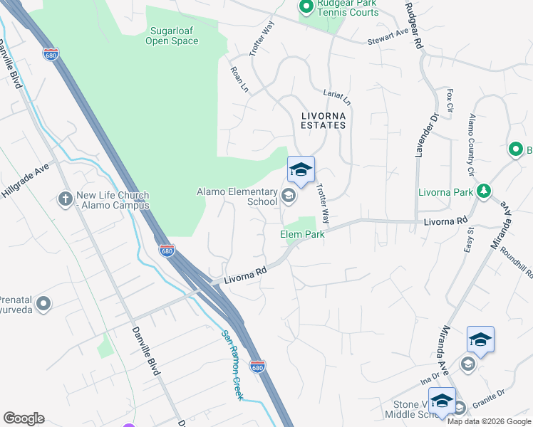 map of restaurants, bars, coffee shops, grocery stores, and more near 15 Wilson Court in Alamo