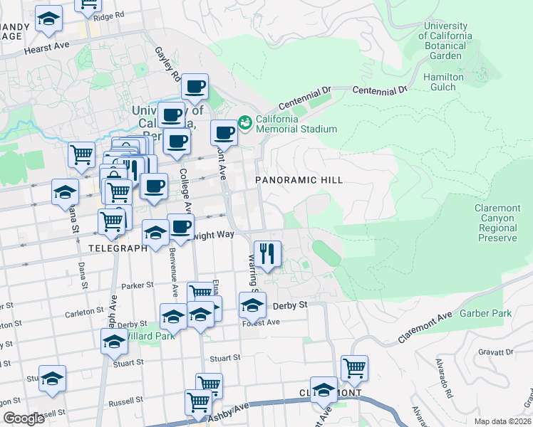 map of restaurants, bars, coffee shops, grocery stores, and more near 2421 Prospect Street in Berkeley