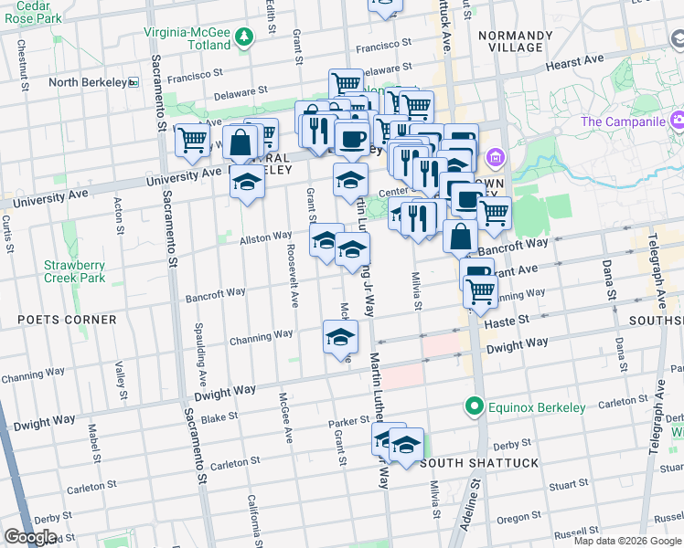 map of restaurants, bars, coffee shops, grocery stores, and more near McKinley Avenue in Berkeley
