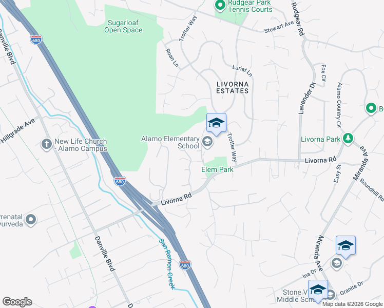 map of restaurants, bars, coffee shops, grocery stores, and more near 15 Wilson Court in Alamo