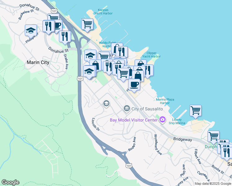 map of restaurants, bars, coffee shops, grocery stores, and more near Cypress Place in Sausalito