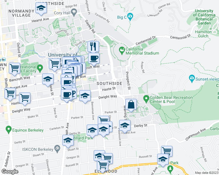 map of restaurants, bars, coffee shops, grocery stores, and more near 2731 Haste Street in Berkeley