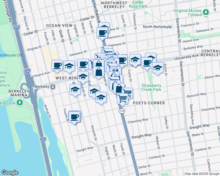 map of restaurants, bars, coffee shops, grocery stores, and more near 2121 Tenth Street in Berkeley