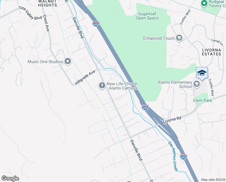 map of restaurants, bars, coffee shops, grocery stores, and more near 1489 Sunnybrook Road in Alamo