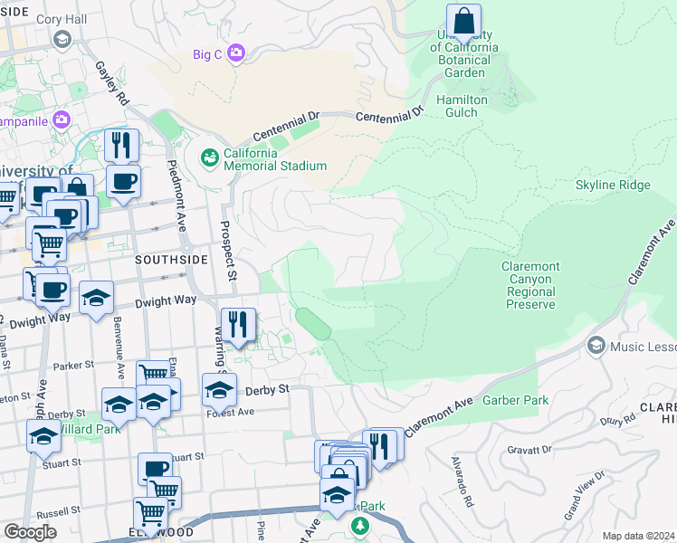 map of restaurants, bars, coffee shops, grocery stores, and more near 572 Dwight Place in Berkeley