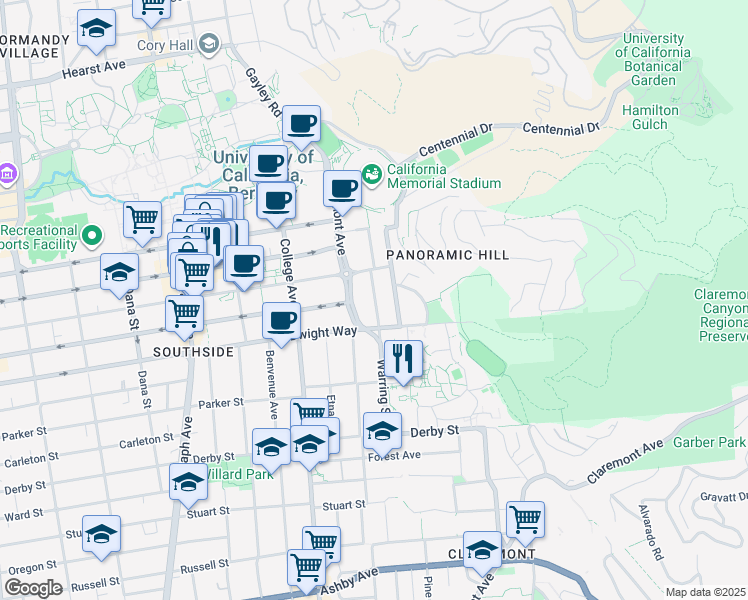 map of restaurants, bars, coffee shops, grocery stores, and more near 2422 Prospect Street in Berkeley