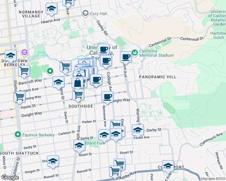 map of restaurants, bars, coffee shops, grocery stores, and more near 2690 Channing Way in Berkeley