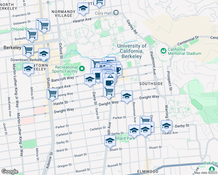 map of restaurants, bars, coffee shops, grocery stores, and more near 2366 Telegraph Avenue in Berkeley