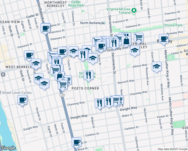 map of restaurants, bars, coffee shops, grocery stores, and more near in Berkeley
