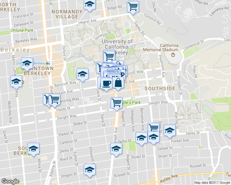 map of restaurants, bars, coffee shops, grocery stores, and more near 2500 Channing Way in Berkeley