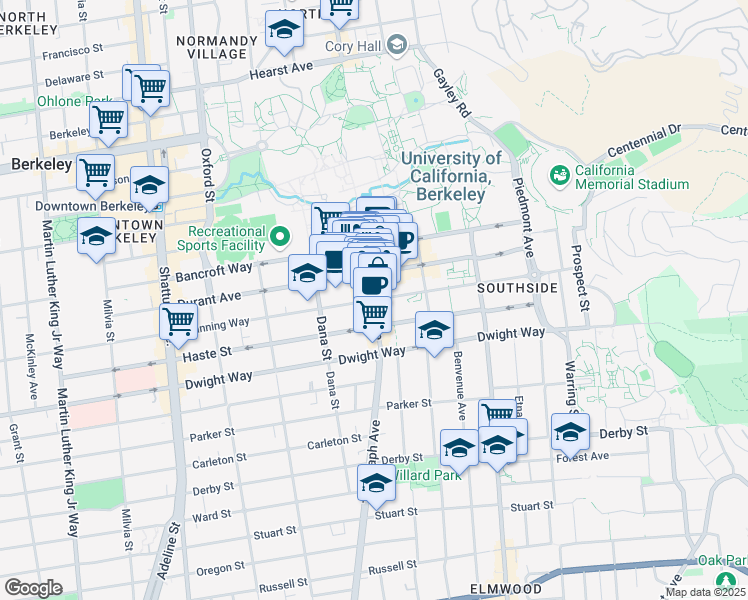 map of restaurants, bars, coffee shops, grocery stores, and more near 2500 Channing Way in Berkeley