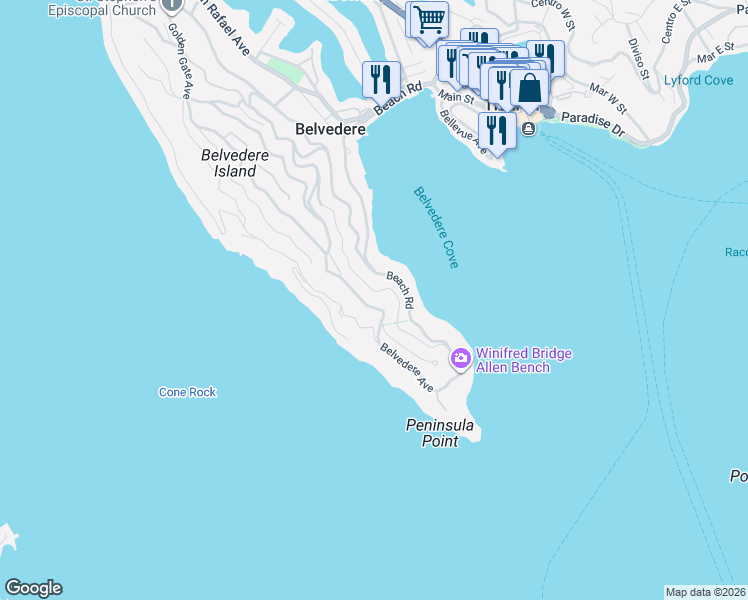 map of restaurants, bars, coffee shops, grocery stores, and more near 330 Golden Gate Avenue in Belvedere Tiburon