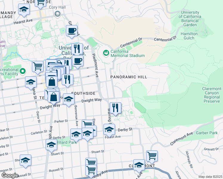 map of restaurants, bars, coffee shops, grocery stores, and more near 2430 Prospect Street in Berkeley