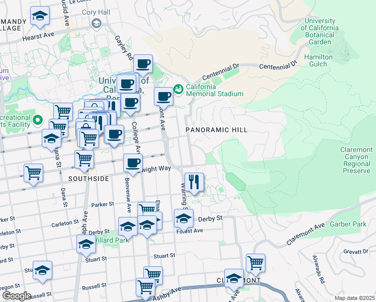 map of restaurants, bars, coffee shops, grocery stores, and more near 2422 Prospect Street in Berkeley