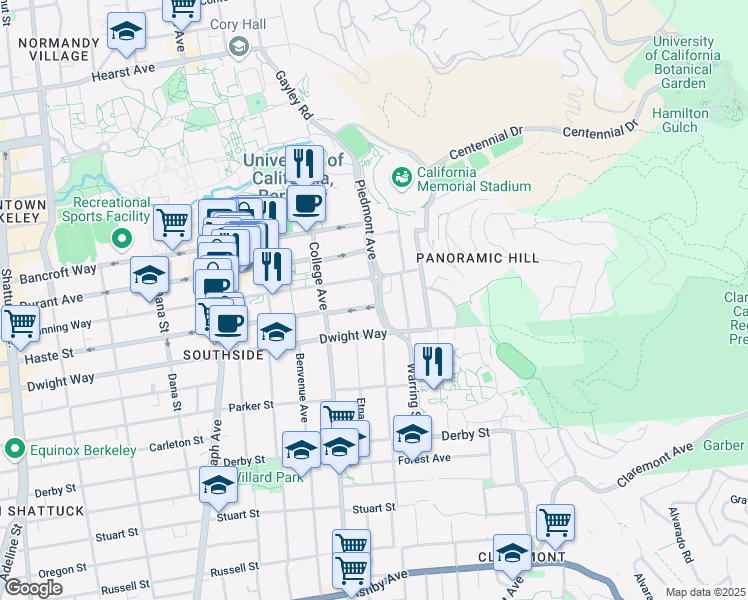 map of restaurants, bars, coffee shops, grocery stores, and more near 2401 Piedmont Avenue in Berkeley