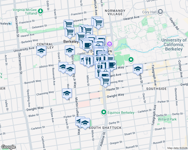 map of restaurants, bars, coffee shops, grocery stores, and more near 2010 Bancroft Way in Berkeley