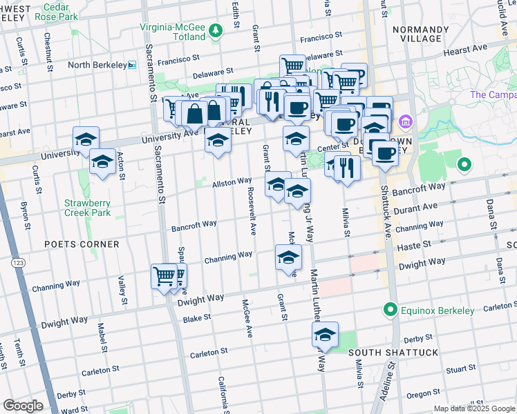 map of restaurants, bars, coffee shops, grocery stores, and more near 2227 Roosevelt Avenue in Berkeley
