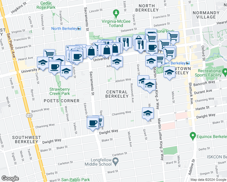 map of restaurants, bars, coffee shops, grocery stores, and more near 2212 Jefferson Avenue in Berkeley
