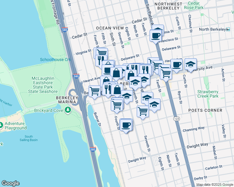 map of restaurants, bars, coffee shops, grocery stores, and more near 2014 Sixth Street in Berkeley
