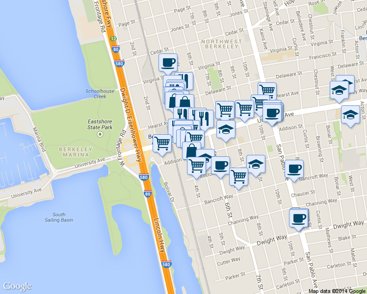 map of restaurants, bars, coffee shops, grocery stores, and more near 700 University Avenue in Berkeley