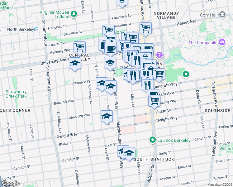 map of restaurants, bars, coffee shops, grocery stores, and more near 211A Bancroft Way in Berkeley
