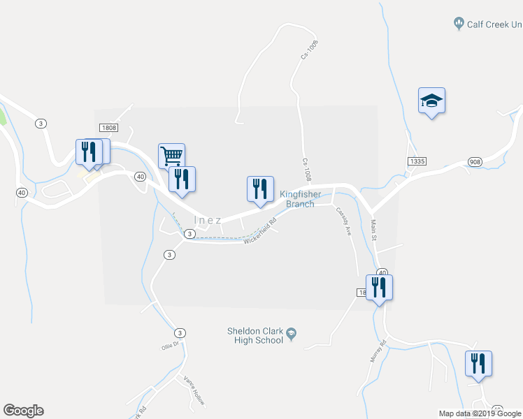 map of restaurants, bars, coffee shops, grocery stores, and more near Main Street in Inez