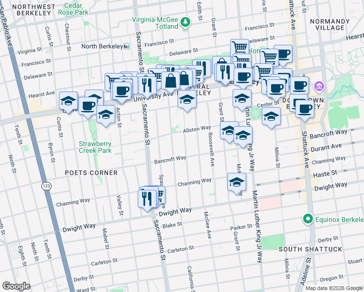 map of restaurants, bars, coffee shops, grocery stores, and more near 2212 Jefferson Avenue in Berkeley