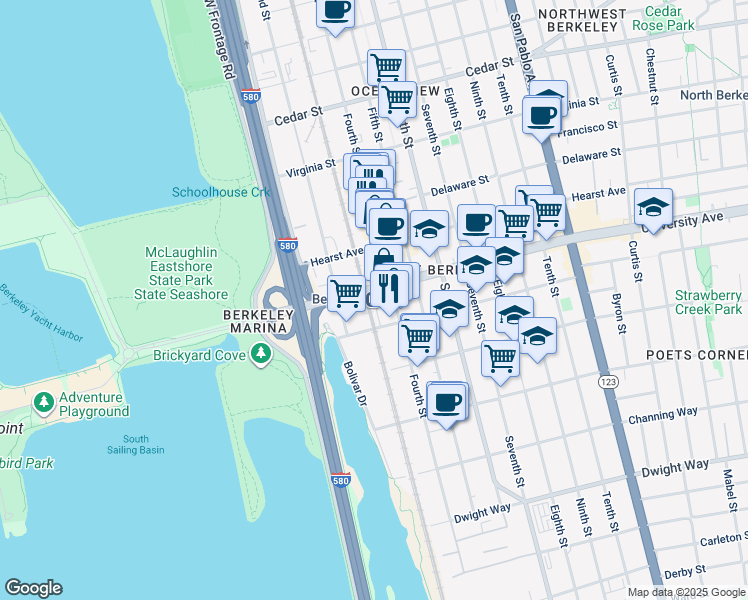 map of restaurants, bars, coffee shops, grocery stores, and more near 700 University Avenue in Berkeley