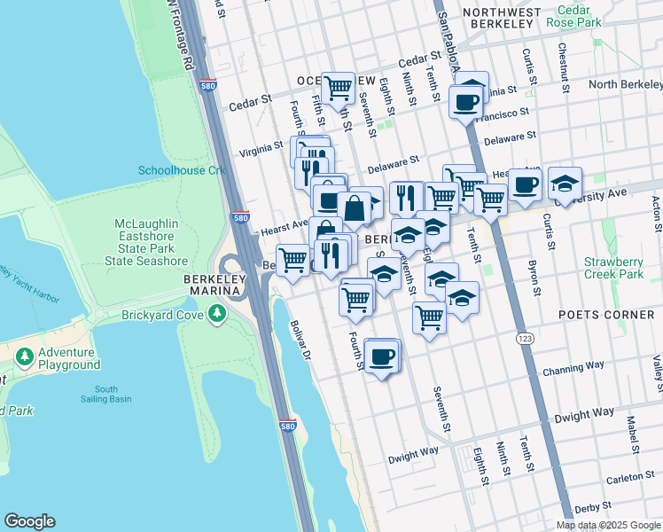 map of restaurants, bars, coffee shops, grocery stores, and more near 700 University Avenue in Berkeley
