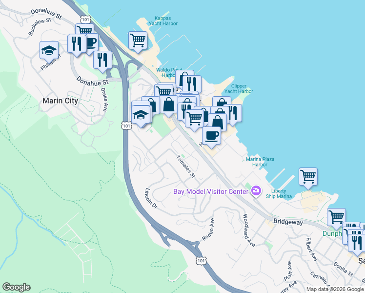 map of restaurants, bars, coffee shops, grocery stores, and more near 74 Cypress Place in Sausalito