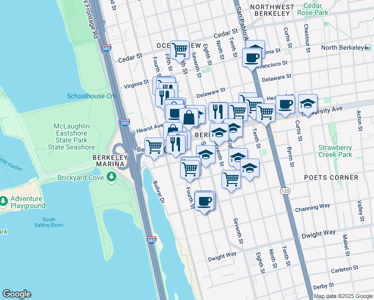 map of restaurants, bars, coffee shops, grocery stores, and more near 700 University Avenue in Berkeley
