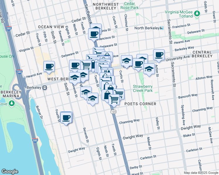 map of restaurants, bars, coffee shops, grocery stores, and more near 1117 Cowper Street in Berkeley
