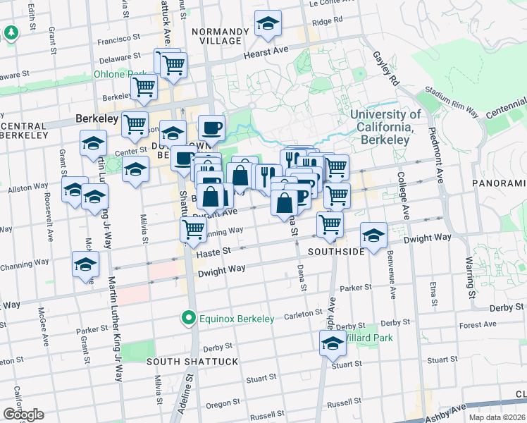 map of restaurants, bars, coffee shops, grocery stores, and more near 2308 Durant Avenue in Berkeley
