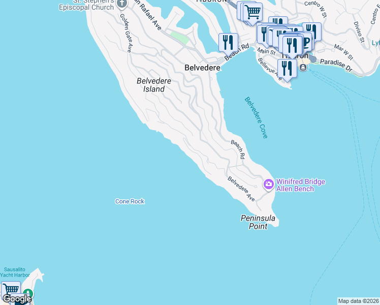 map of restaurants, bars, coffee shops, grocery stores, and more near 6 Cliff Road in Belvedere
