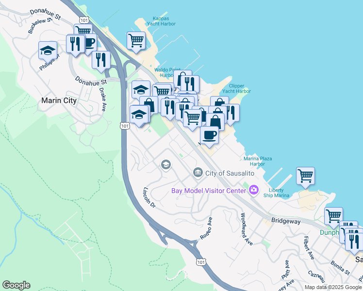 map of restaurants, bars, coffee shops, grocery stores, and more near 74 Cypress Place in Sausalito