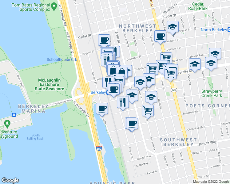 map of restaurants, bars, coffee shops, grocery stores, and more near 2070 4th Street in Berkeley