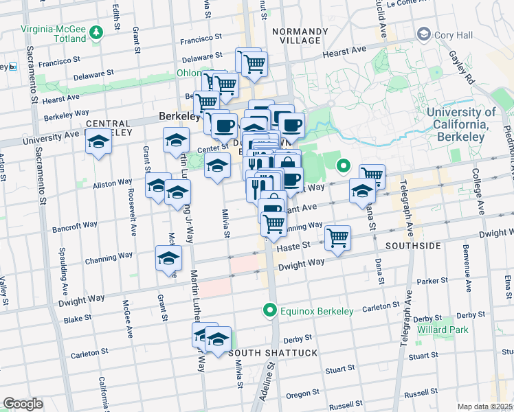 map of restaurants, bars, coffee shops, grocery stores, and more near 2098 Bancroft Way in Berkeley