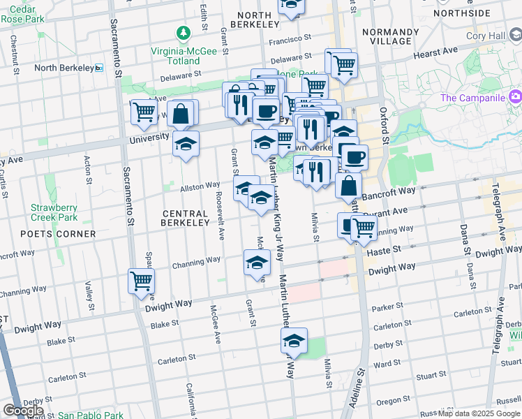 map of restaurants, bars, coffee shops, grocery stores, and more near 2228 McKinley Avenue in Berkeley