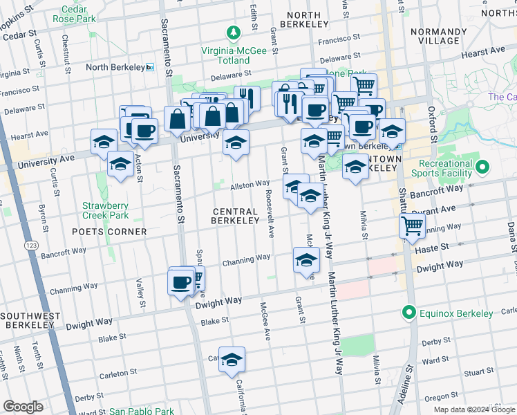 map of restaurants, bars, coffee shops, grocery stores, and more near 2217 McGee Avenue in Berkeley