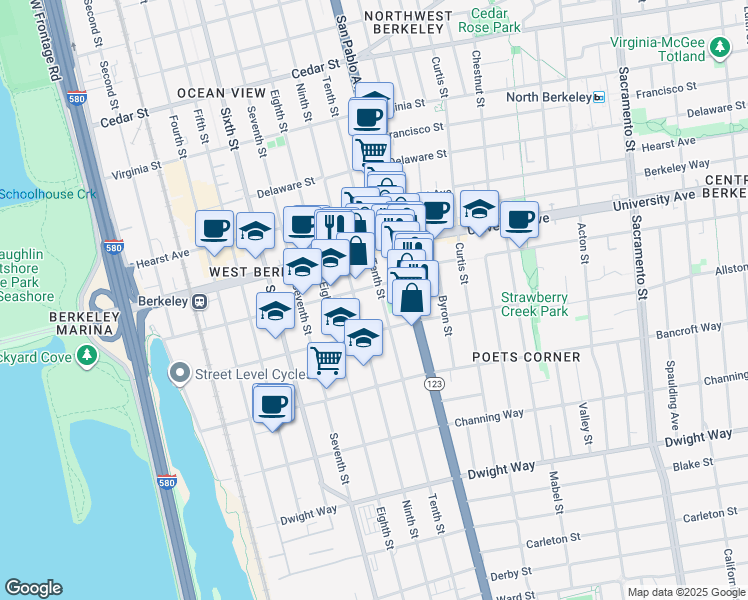 map of restaurants, bars, coffee shops, grocery stores, and more near 1007 Addison Street in Berkeley