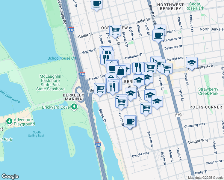 map of restaurants, bars, coffee shops, grocery stores, and more near 700 University Avenue in Berkeley