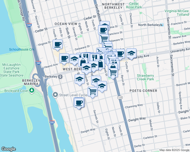 map of restaurants, bars, coffee shops, grocery stores, and more near 968 Addison Street in Berkeley