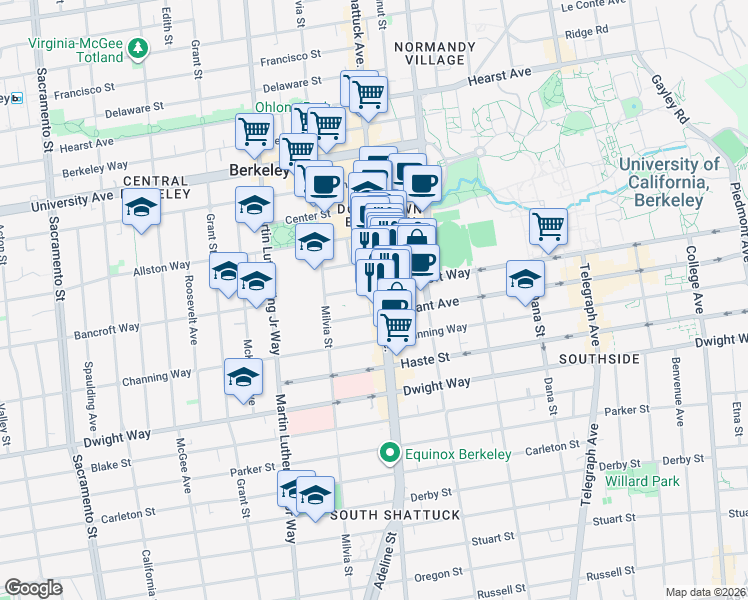 map of restaurants, bars, coffee shops, grocery stores, and more near 2322 Shattuck Avenue in Berkeley