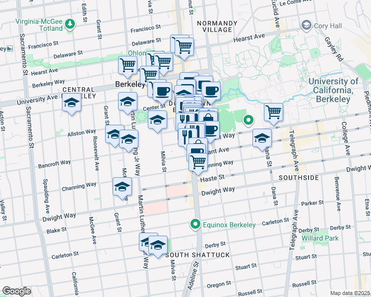 map of restaurants, bars, coffee shops, grocery stores, and more near 2300 Shattuck Avenue in Berkeley
