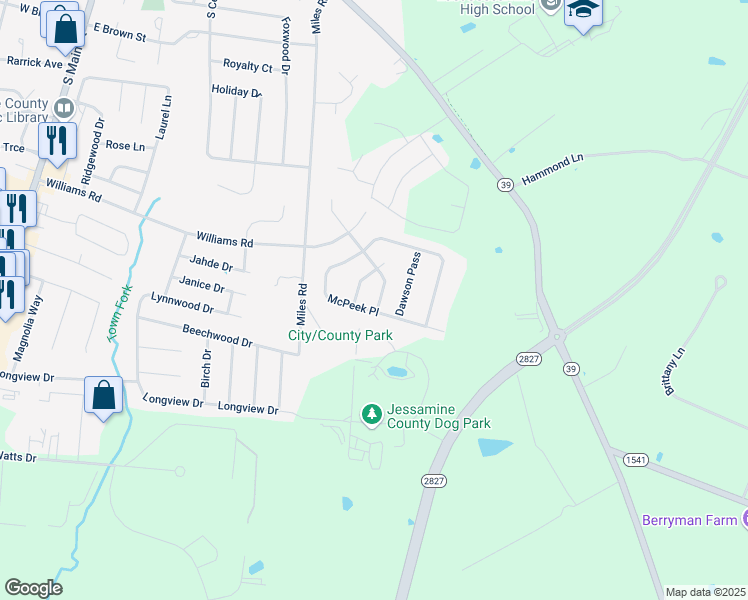 map of restaurants, bars, coffee shops, grocery stores, and more near 108 Sara Marie Lane in Nicholasville