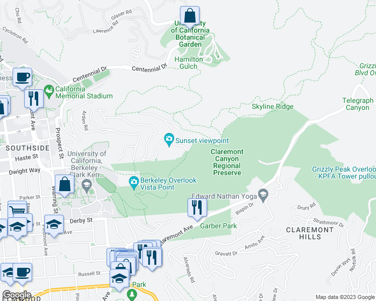 map of restaurants, bars, coffee shops, grocery stores, and more near Panoramic Way & Stonewall-Panoramic Trail in Oakland