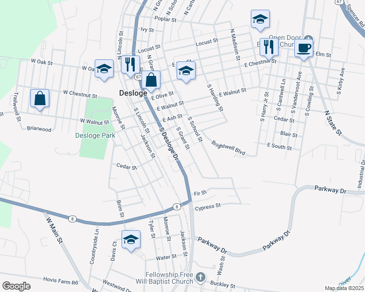 map of restaurants, bars, coffee shops, grocery stores, and more near 200 East Cedar Street in Desloge