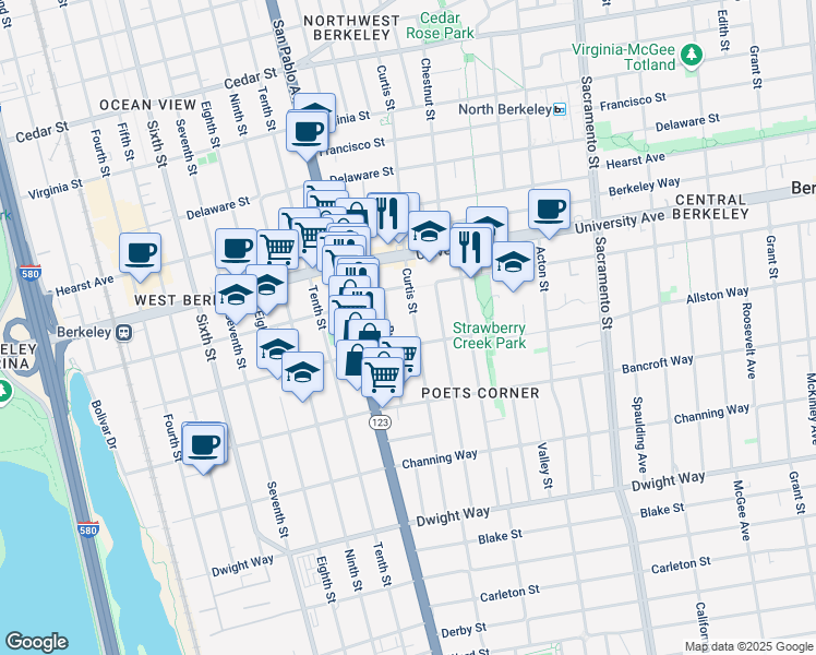 map of restaurants, bars, coffee shops, grocery stores, and more near 2131 Curtis Street in Berkeley
