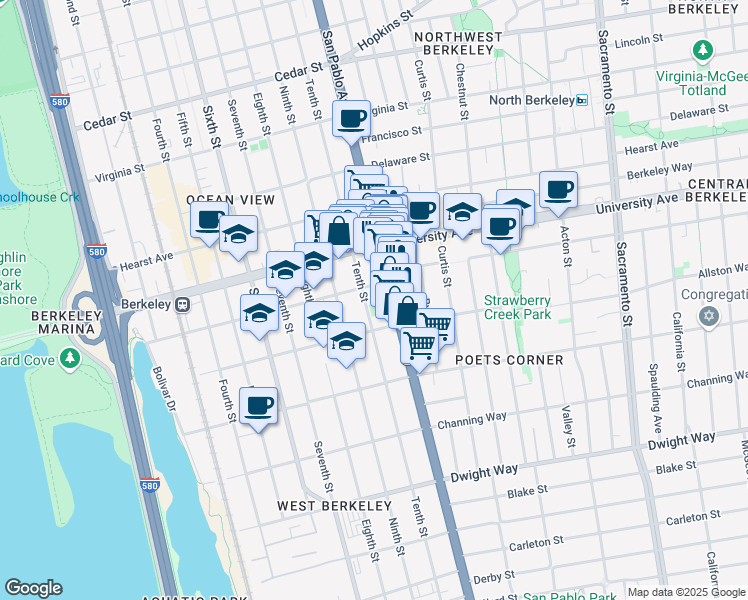 map of restaurants, bars, coffee shops, grocery stores, and more near 2100 San Pablo Avenue in Berkeley